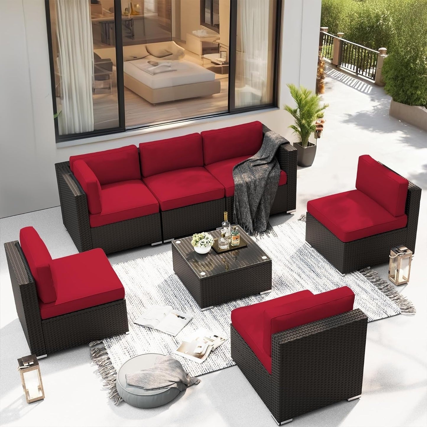 Ensemble de canapés sectionnels rembourrés en rotin et osier noir pour patio extérieur 7 pièces par Havenside Home