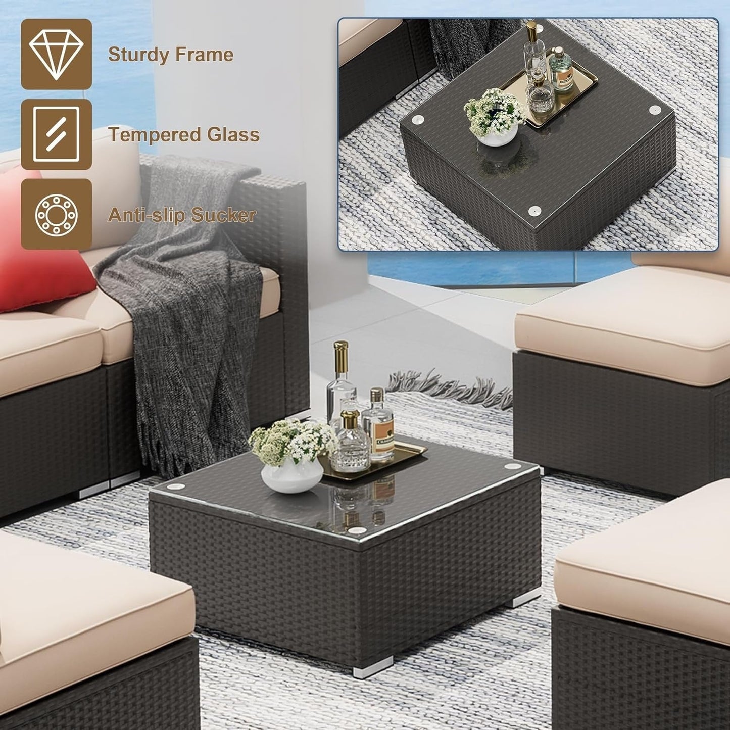 Ensemble de canapés sectionnels rembourrés en rotin et osier noir pour patio extérieur 7 pièces par Havenside Home