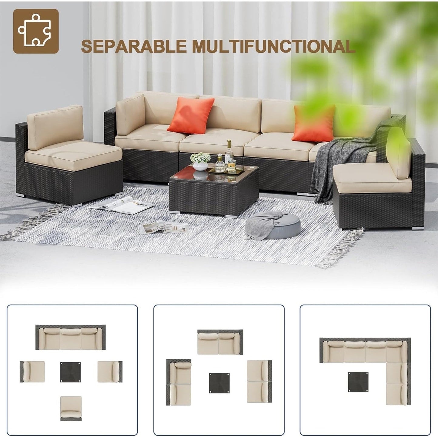 Ensemble de canapés sectionnels rembourrés en rotin et osier noir pour patio extérieur 7 pièces par Havenside Home