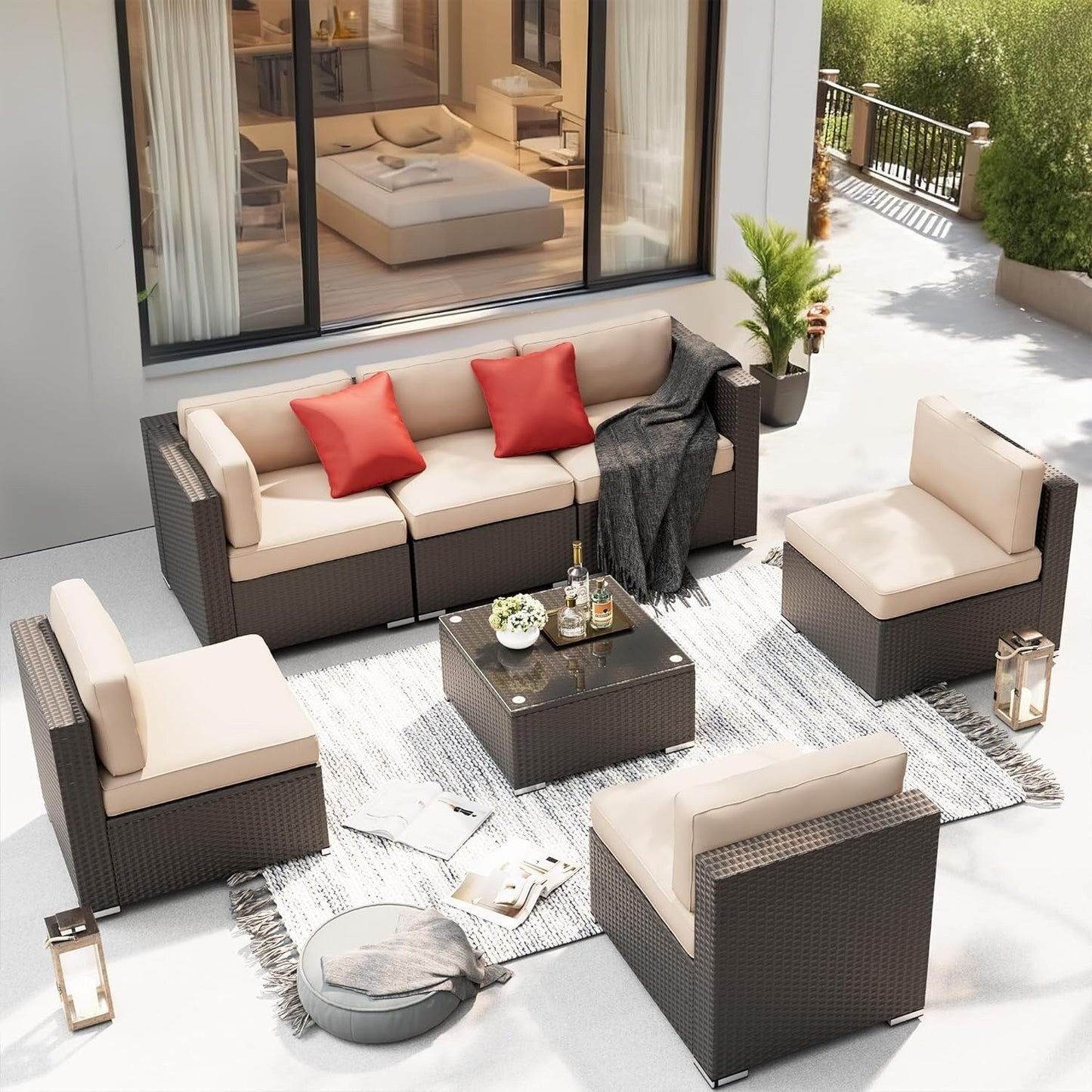 Ensemble de canapés sectionnels rembourrés en rotin et osier noir pour patio extérieur 7 pièces par Havenside Home