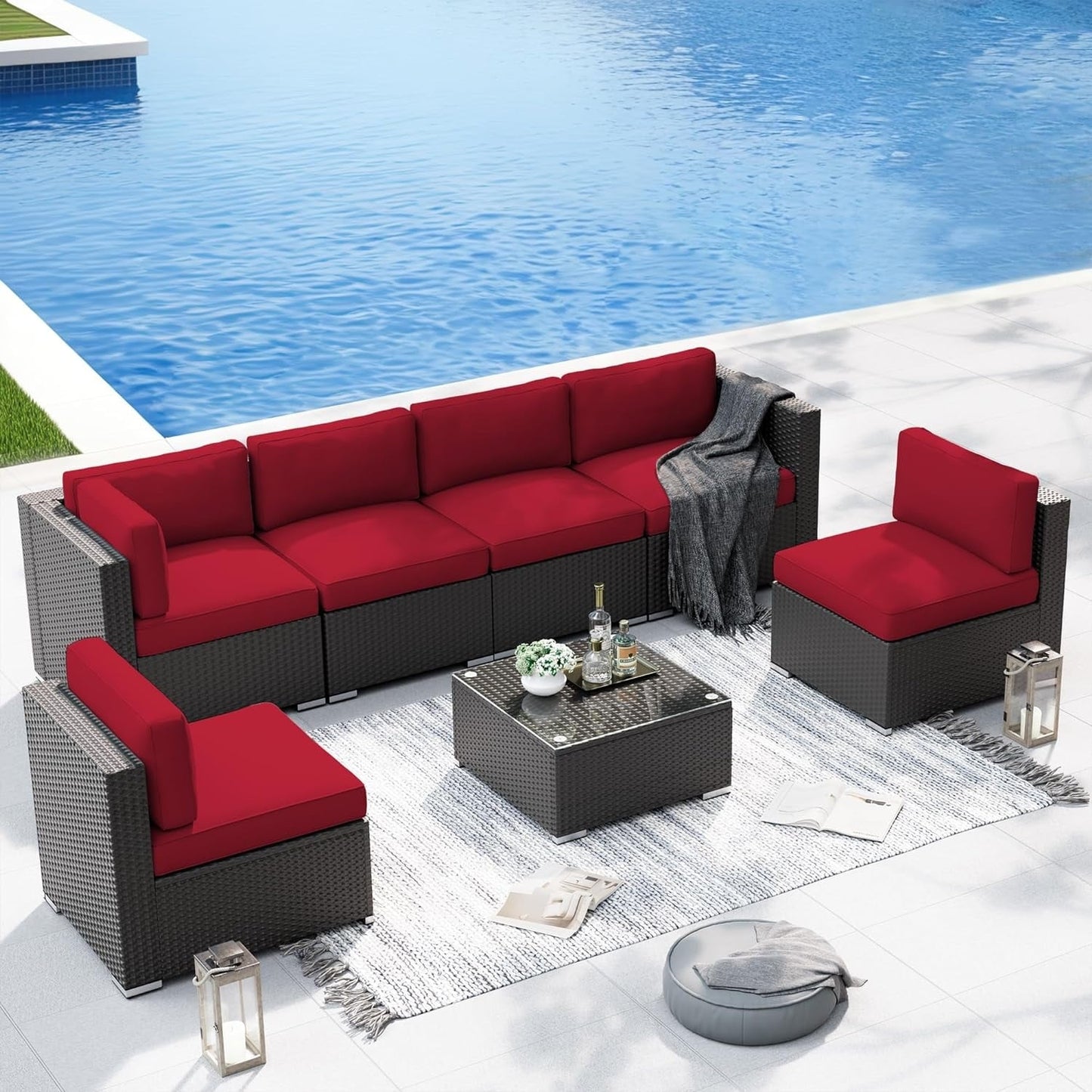 Ensemble de canapés sectionnels rembourrés en rotin et osier noir pour patio extérieur 7 pièces par Havenside Home
