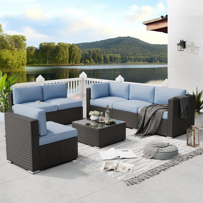 Ensemble de canapés sectionnels rembourrés en rotin et osier noir pour patio extérieur 7 pièces par Havenside Home