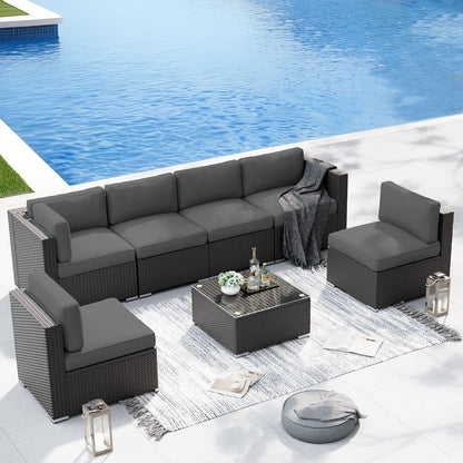 Ensemble de canapés sectionnels rembourrés en rotin et osier noir pour patio extérieur 7 pièces par Havenside Home