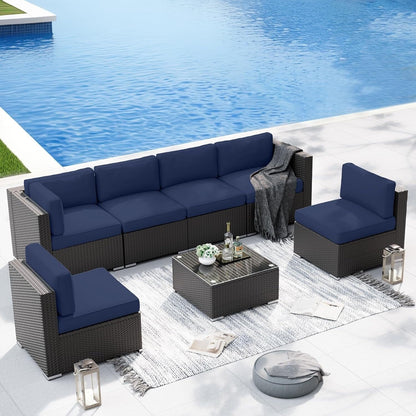 Ensemble de canapés sectionnels rembourrés en rotin et osier noir pour patio extérieur 7 pièces par Havenside Home