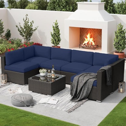 Ensemble de canapés sectionnels rembourrés en rotin et osier noir pour patio extérieur 7 pièces par Havenside Home