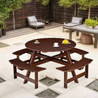 Table de pique-nique d'extérieur pour 8 personnes, table de pique-nique ronde pour 8 personnes avec 4 bancs intégrés, trou pour parasol, ensemble table et banc d'extérieur