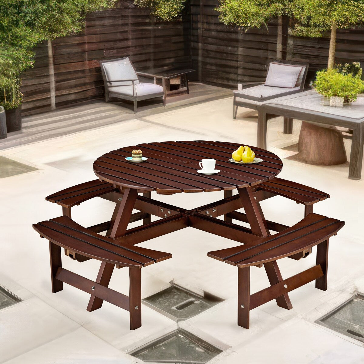 Table de pique-nique d'extérieur pour 8 personnes, table de pique-nique ronde pour 8 personnes avec 4 bancs intégrés, trou pour parasol, ensemble table et banc d'extérieur