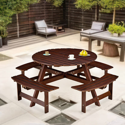 Table de pique-nique d'extérieur pour 8 personnes, table de pique-nique ronde pour 8 personnes avec 4 bancs intégrés, trou pour parasol, ensemble table et banc d'extérieur