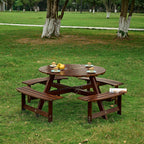 Table de pique-nique d'extérieur pour 8 personnes, table de pique-nique ronde pour 8 personnes avec 4 bancs intégrés, trou pour parasol, ensemble table et banc d'extérieur