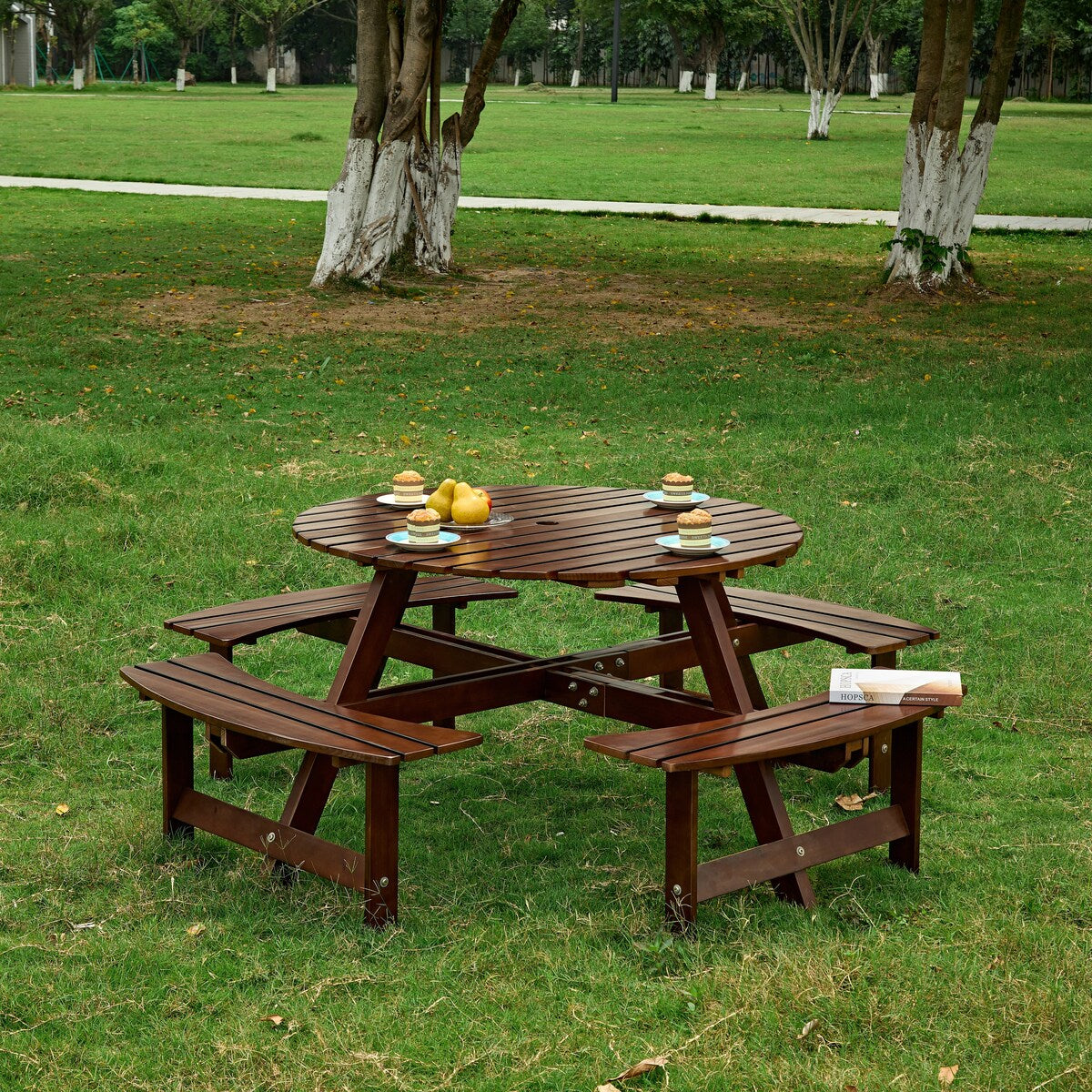 Table de pique-nique d'extérieur pour 8 personnes, table de pique-nique ronde pour 8 personnes avec 4 bancs intégrés, trou pour parasol, ensemble table et banc d'extérieur