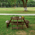 Table de pique-nique d'extérieur pour 8 personnes, table de pique-nique ronde pour 8 personnes avec 4 bancs intégrés, trou pour parasol, ensemble table et banc d'extérieur