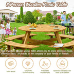 Table de pique-nique d'extérieur pour 8 personnes, table de pique-nique ronde pour 8 personnes avec 4 bancs intégrés, trou pour parasol, ensemble table et banc d'extérieur