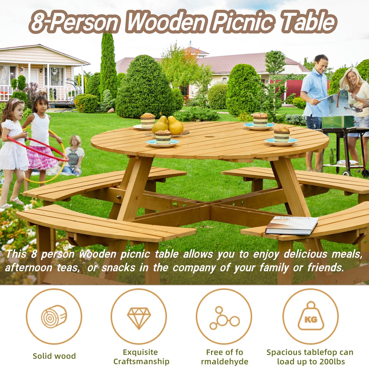 Table de pique-nique d'extérieur pour 8 personnes, table de pique-nique ronde pour 8 personnes avec 4 bancs intégrés, trou pour parasol, ensemble table et banc d'extérieur
