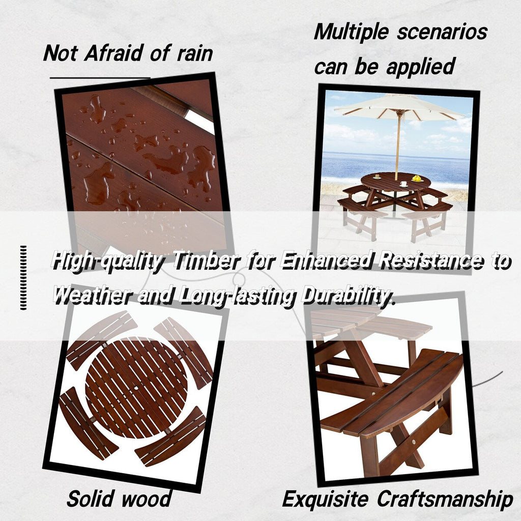 Table de pique-nique d'extérieur pour 8 personnes, table de pique-nique ronde pour 8 personnes avec 4 bancs intégrés, trou pour parasol, ensemble table et banc d'extérieur
