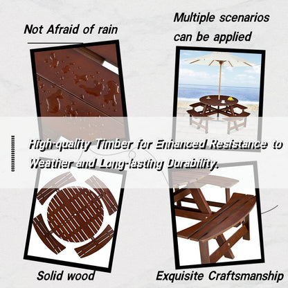 Table de pique-nique d'extérieur pour 8 personnes, table de pique-nique ronde pour 8 personnes avec 4 bancs intégrés, trou pour parasol, ensemble table et banc d'extérieur