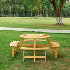 Table de pique-nique d'extérieur pour 8 personnes, table de pique-nique ronde pour 8 personnes avec 4 bancs intégrés, trou pour parasol, ensemble table et banc d'extérieur