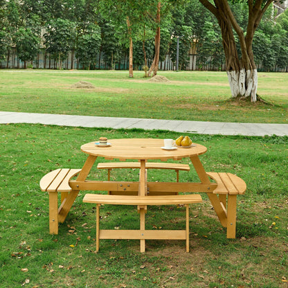 Table de pique-nique d'extérieur pour 8 personnes, table de pique-nique ronde pour 8 personnes avec 4 bancs intégrés, trou pour parasol, ensemble table et banc d'extérieur