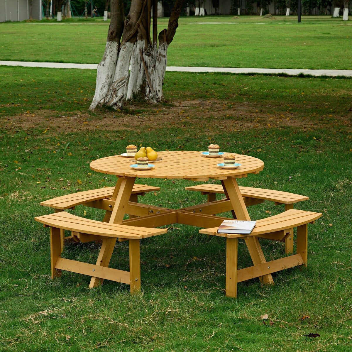 Table de pique-nique d'extérieur pour 8 personnes, table de pique-nique ronde pour 8 personnes avec 4 bancs intégrés, trou pour parasol, ensemble table et banc d'extérieur