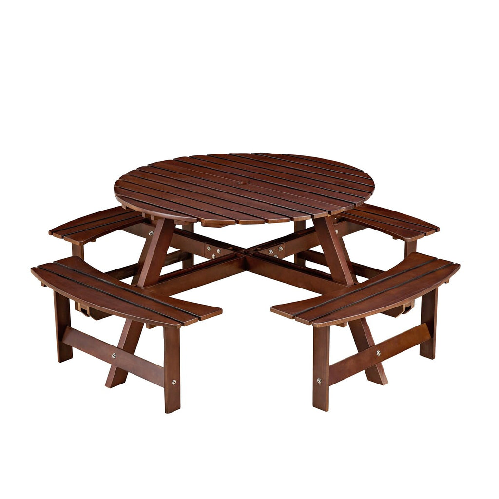 Table de pique-nique d'extérieur pour 8 personnes, table de pique-nique ronde pour 8 personnes avec 4 bancs intégrés, trou pour parasol, ensemble table et banc d'extérieur