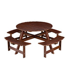 Table de pique-nique d'extérieur pour 8 personnes, table de pique-nique ronde pour 8 personnes avec 4 bancs intégrés, trou pour parasol, ensemble table et banc d'extérieur