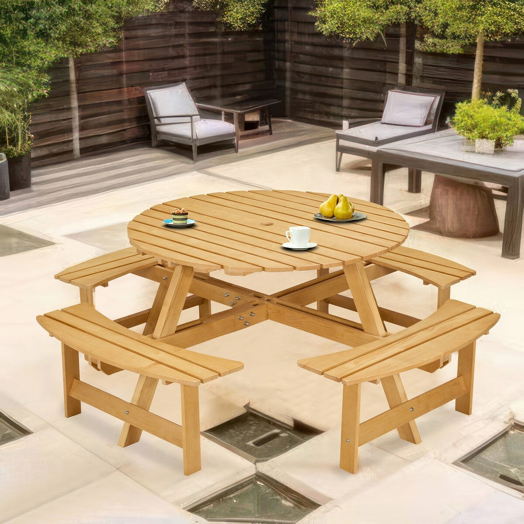 Table de pique-nique d'extérieur pour 8 personnes, table de pique-nique ronde pour 8 personnes avec 4 bancs intégrés, trou pour parasol, ensemble table et banc d'extérieur