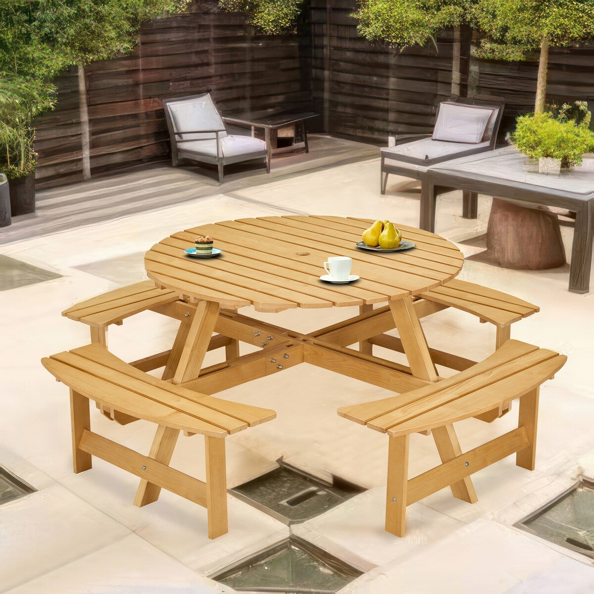 Table de pique-nique d'extérieur pour 8 personnes, table de pique-nique ronde pour 8 personnes avec 4 bancs intégrés, trou pour parasol, ensemble table et banc d'extérieur