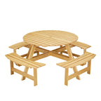 Table de pique-nique d'extérieur pour 8 personnes, table de pique-nique ronde pour 8 personnes avec 4 bancs intégrés, trou pour parasol, ensemble table et banc d'extérieur