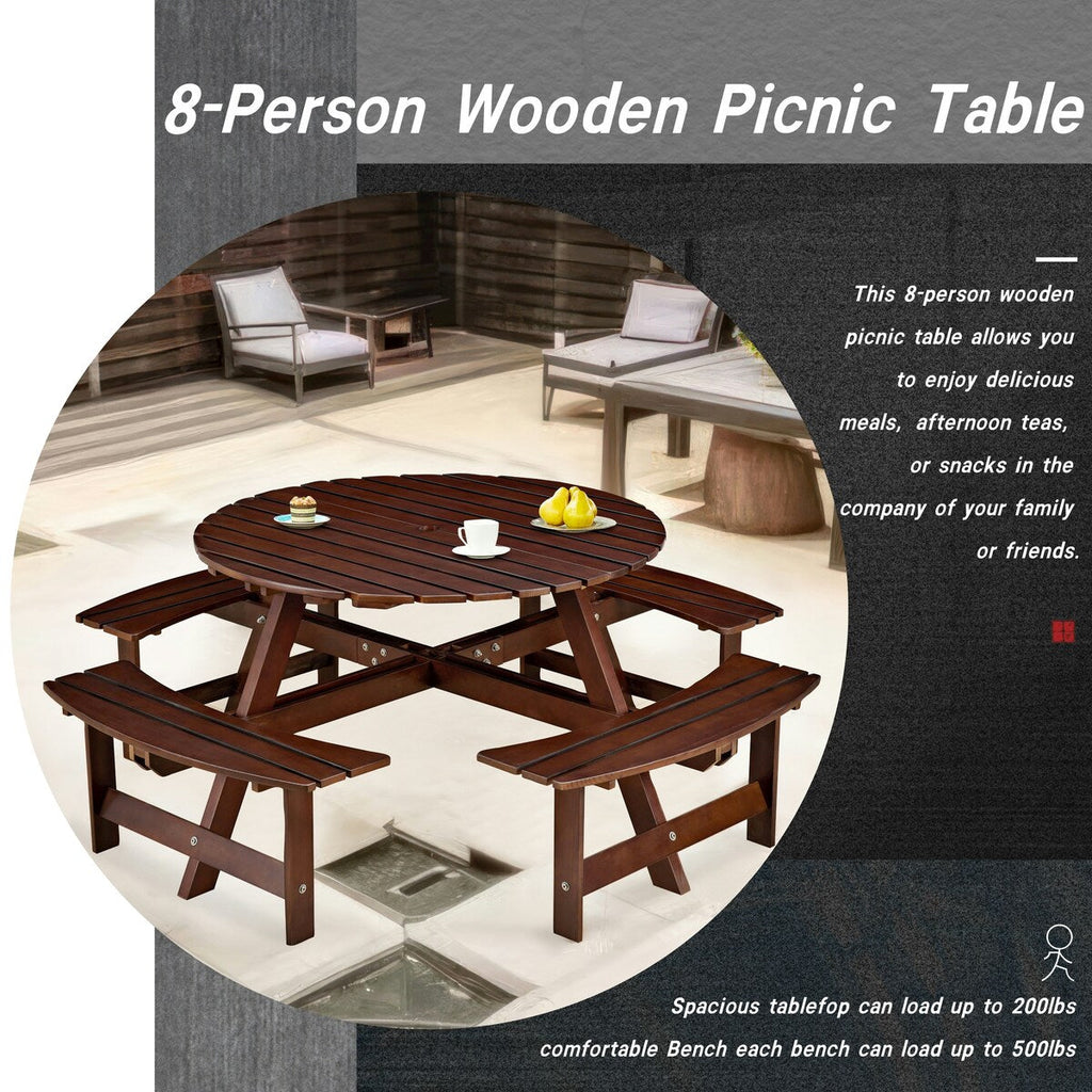 Table de pique-nique d'extérieur pour 8 personnes, table de pique-nique ronde pour 8 personnes avec 4 bancs intégrés, trou pour parasol, ensemble table et banc d'extérieur