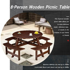 Table de pique-nique d'extérieur pour 8 personnes, table de pique-nique ronde pour 8 personnes avec 4 bancs intégrés, trou pour parasol, ensemble table et banc d'extérieur