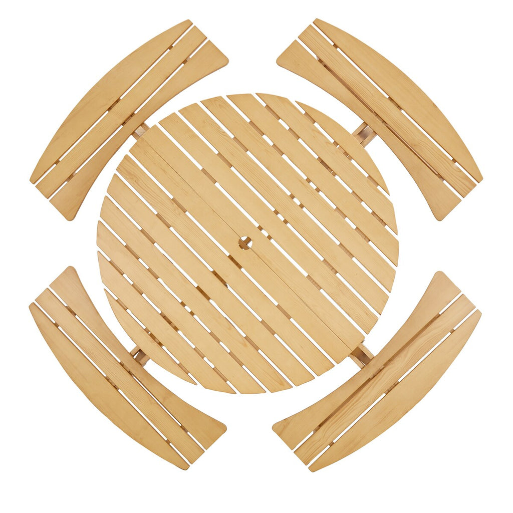 Table de pique-nique d'extérieur pour 8 personnes, table de pique-nique ronde pour 8 personnes avec 4 bancs intégrés, trou pour parasol, ensemble table et banc d'extérieur