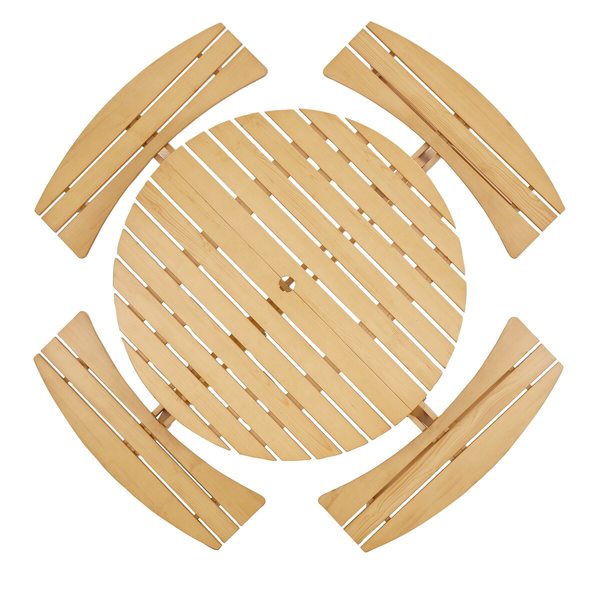 Table de pique-nique d'extérieur pour 8 personnes, table de pique-nique ronde pour 8 personnes avec 4 bancs intégrés, trou pour parasol, ensemble table et banc d'extérieur
