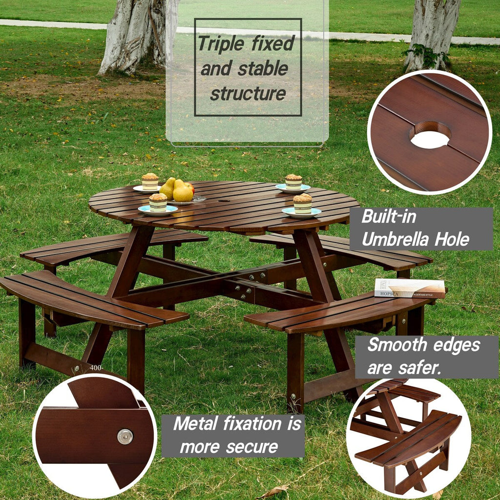 Table de pique-nique d'extérieur pour 8 personnes, table de pique-nique ronde pour 8 personnes avec 4 bancs intégrés, trou pour parasol, ensemble table et banc d'extérieur