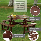 Table de pique-nique d'extérieur pour 8 personnes, table de pique-nique ronde pour 8 personnes avec 4 bancs intégrés, trou pour parasol, ensemble table et banc d'extérieur