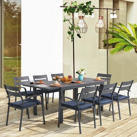 Ensemble de salle à manger d'extérieur en aluminium 9 pièces avec chaises empilables et table extensible
