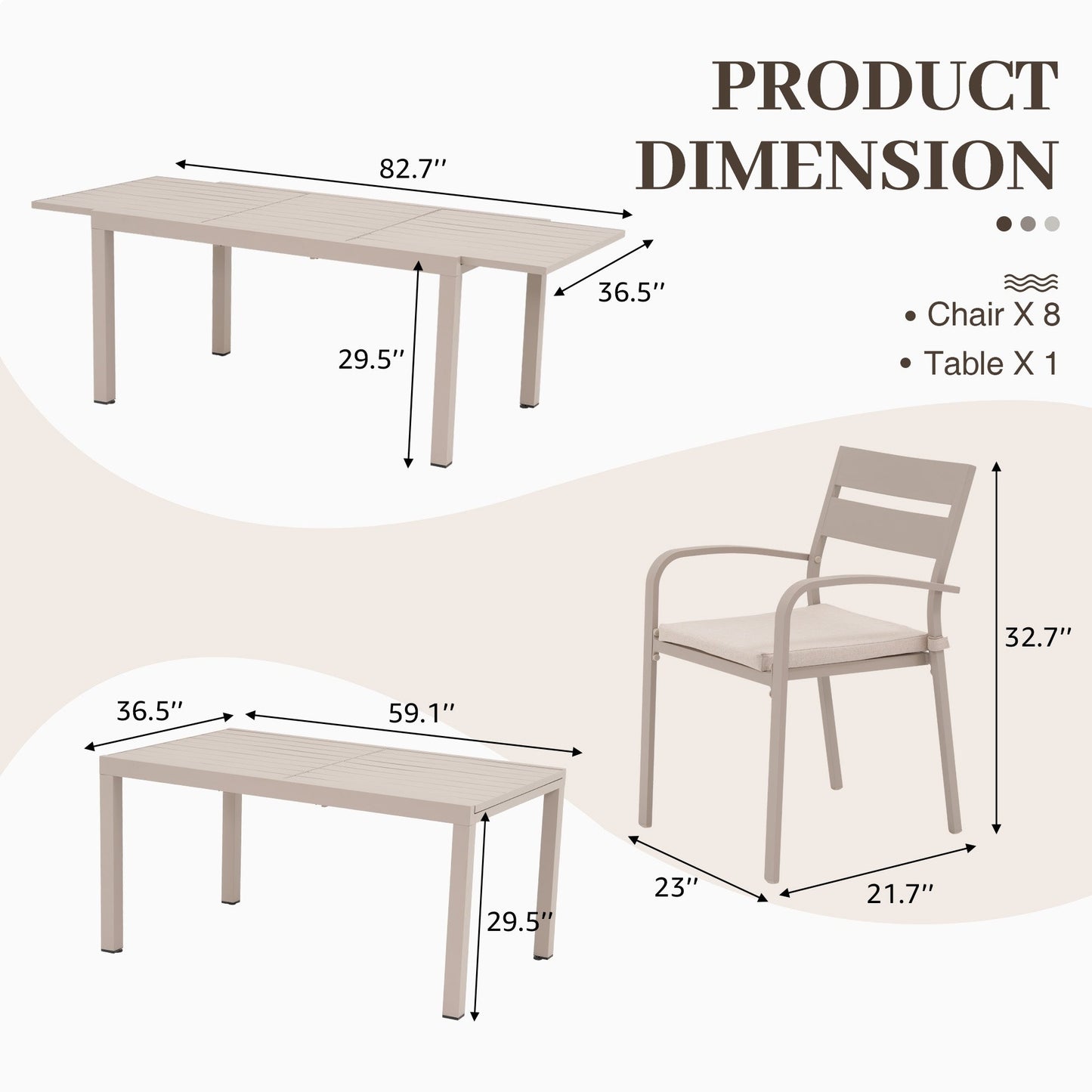Ensemble de salle à manger d'extérieur en aluminium 9 pièces avec chaises empilables et table extensible