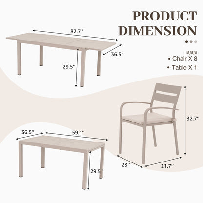 Ensemble de salle à manger d'extérieur en aluminium 9 pièces avec chaises empilables et table extensible