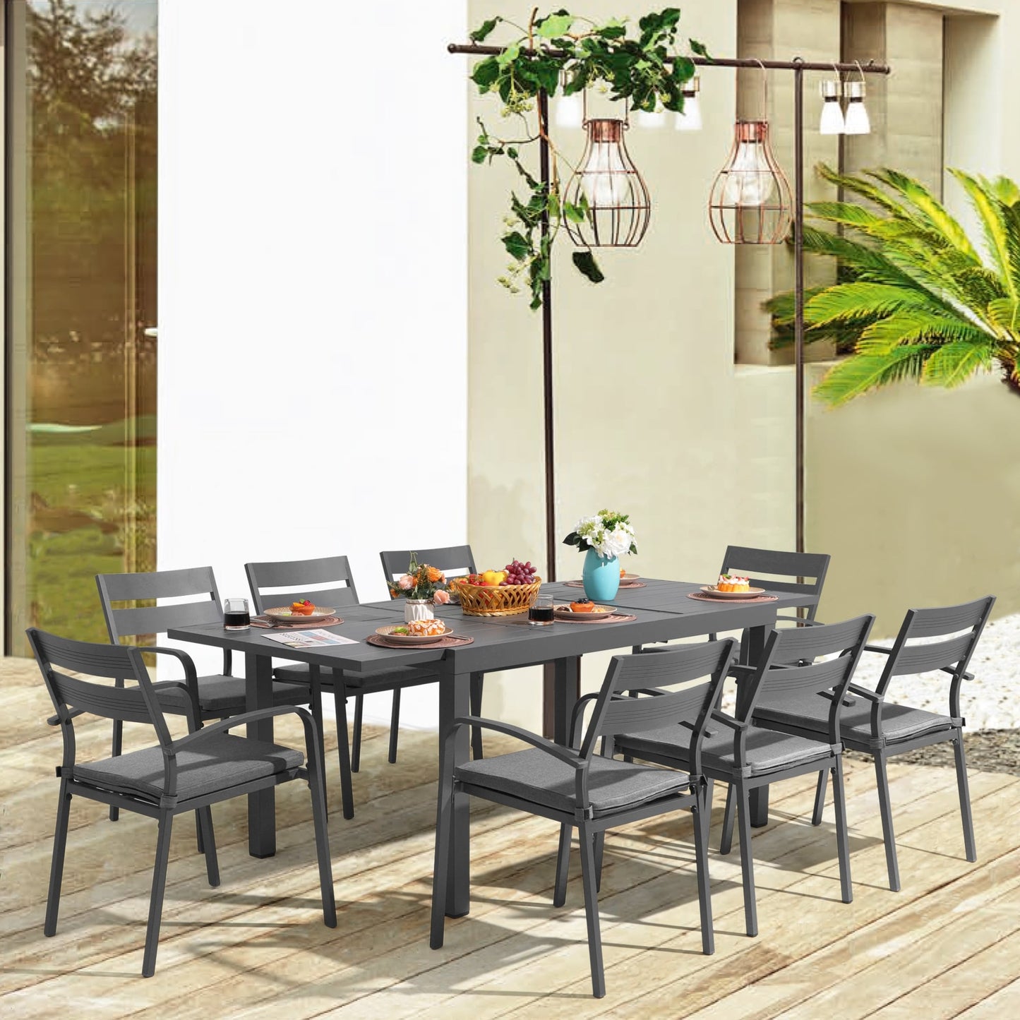 Ensemble de salle à manger d'extérieur en aluminium 9 pièces avec chaises empilables et table extensible