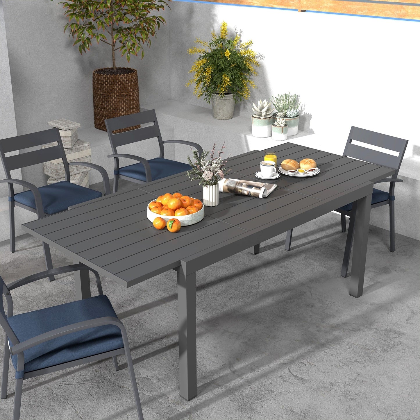 Ensemble de salle à manger d'extérieur en aluminium 9 pièces avec chaises empilables et table extensible