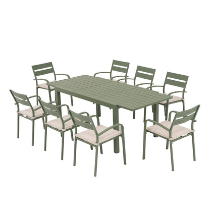 Ensemble de salle à manger d'extérieur en aluminium 9 pièces avec chaises empilables et table extensible