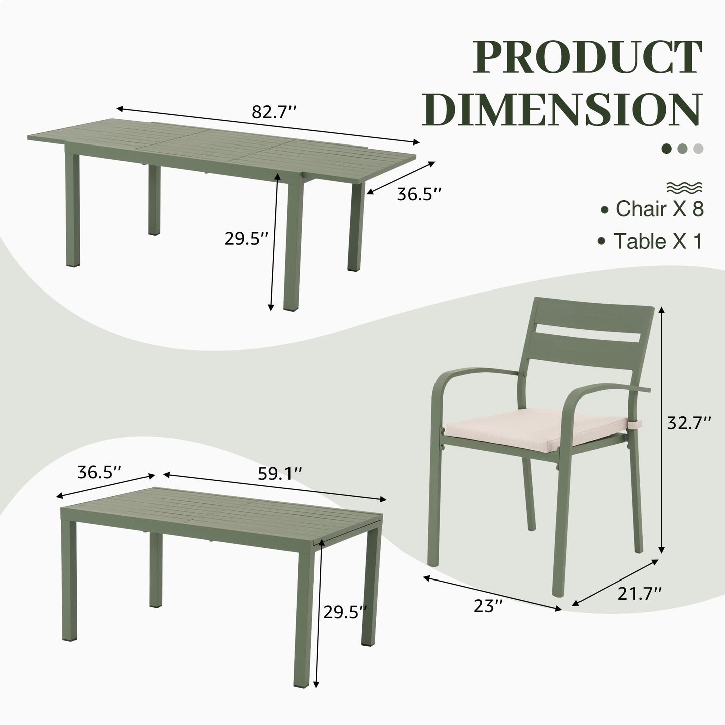 Ensemble de salle à manger d'extérieur en aluminium 9 pièces avec chaises empilables et table extensible