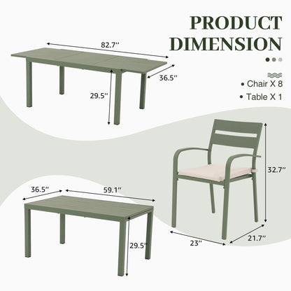 Ensemble de salle à manger d'extérieur en aluminium 9 pièces avec chaises empilables et table extensible