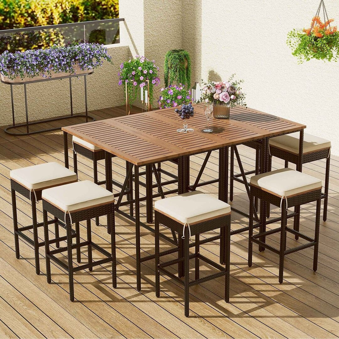 Ensemble de bar d'extérieur en bois d'acacia, table de pub haute et tabourets