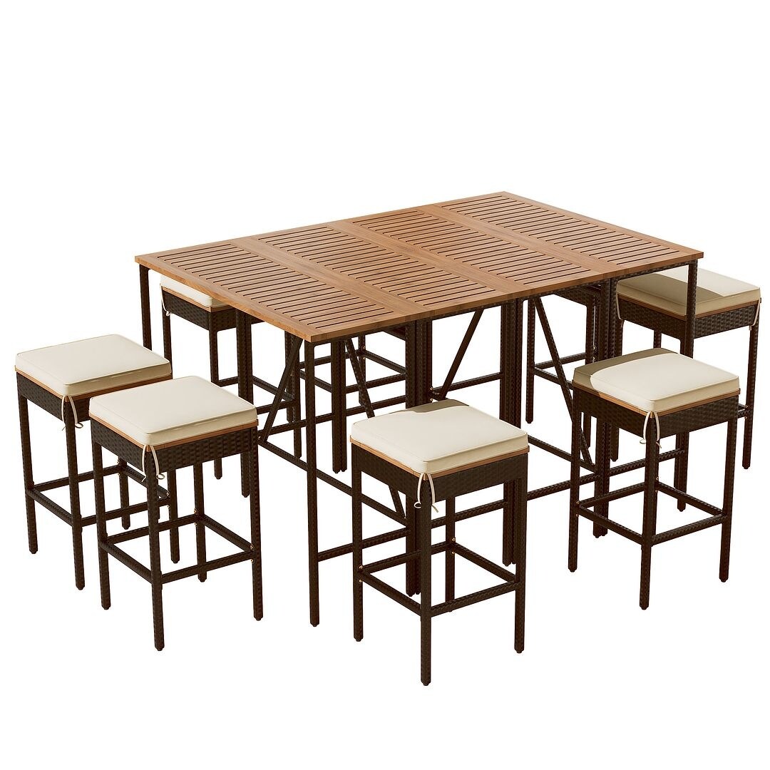 Ensemble de bar d'extérieur en bois d'acacia, table de pub haute et tabourets