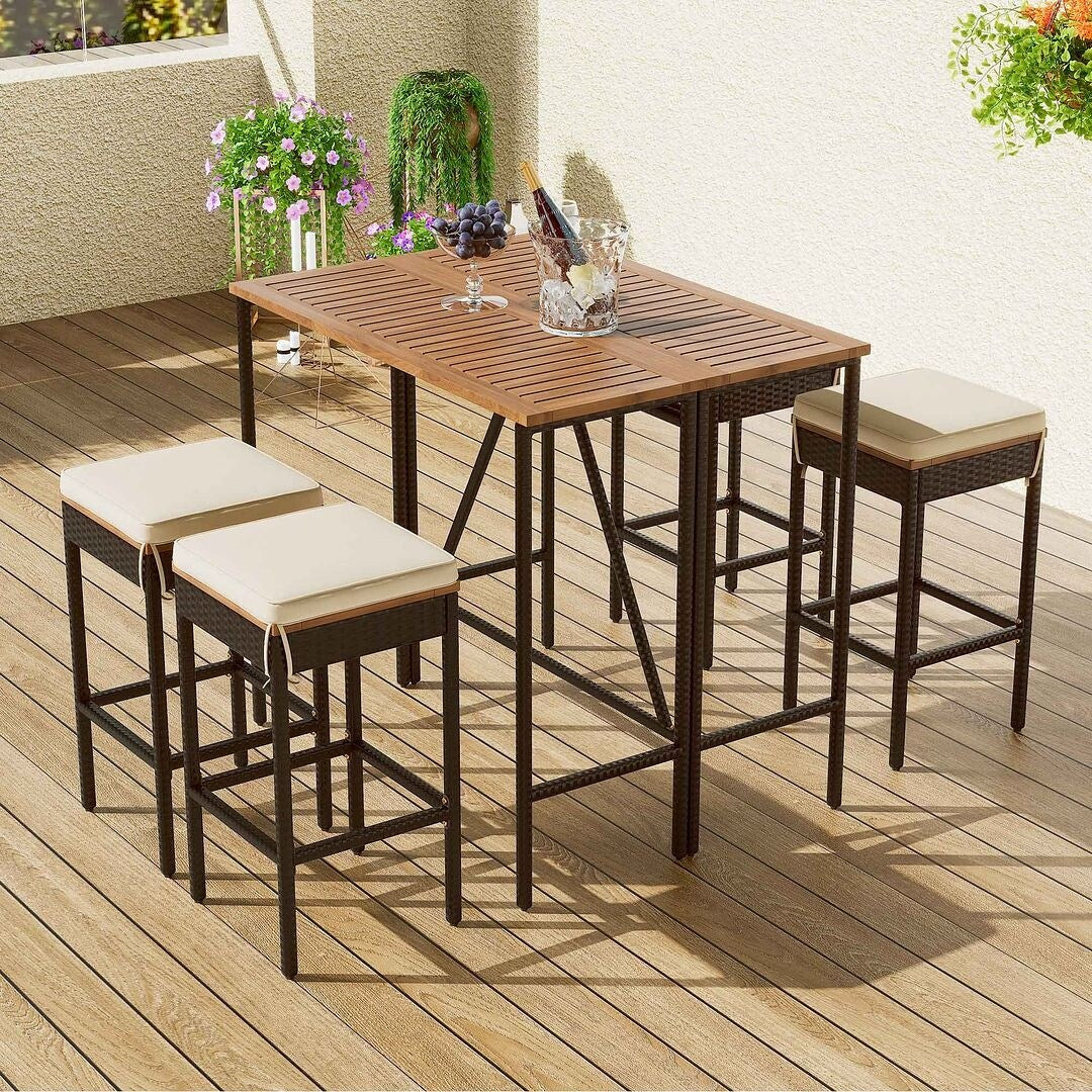 Ensemble de bar d'extérieur en bois d'acacia, table de pub haute et tabourets