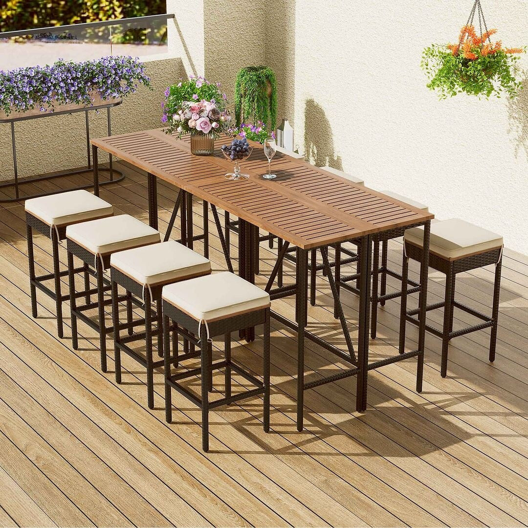 Ensemble de bar d'extérieur en bois d'acacia, table de pub haute et tabourets