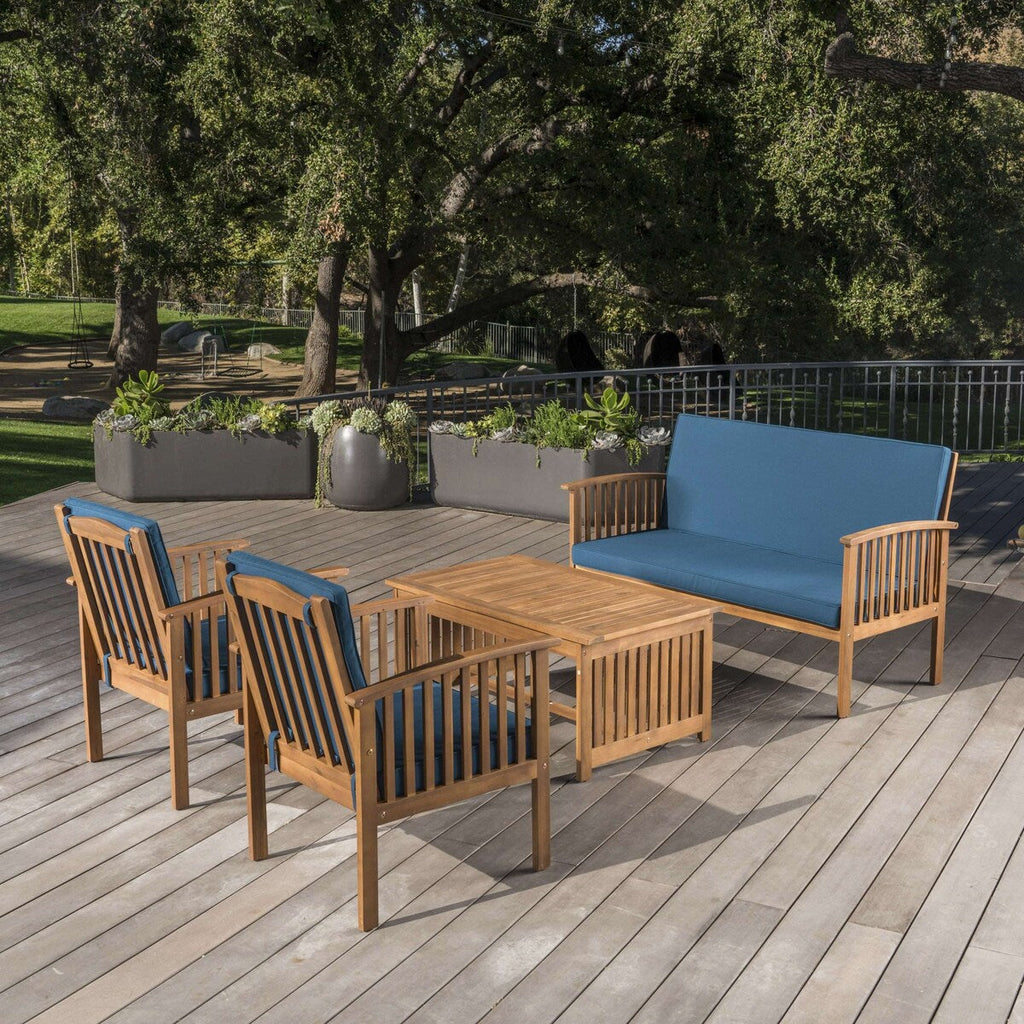 Ensemble de canapés d'extérieur en bois d'acacia avec coussins imperméables, 4 pièces, patine marron/bleu sarcelle