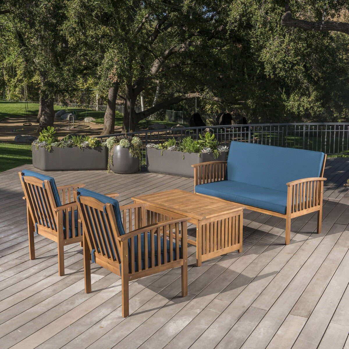 Ensemble de canapés d'extérieur en bois d'acacia avec coussins imperméables, 4 pièces, patine marron/bleu sarcelle