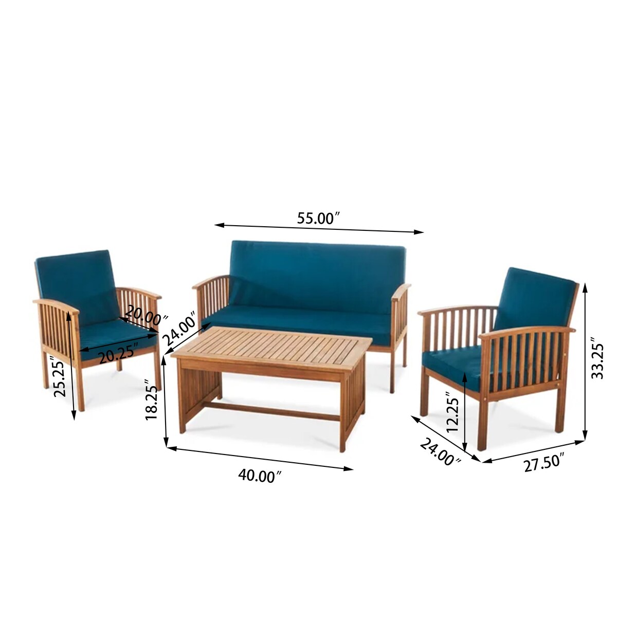 Ensemble de canapés d'extérieur en bois d'acacia avec coussins imperméables, 4 pièces, patine marron/bleu sarcelle