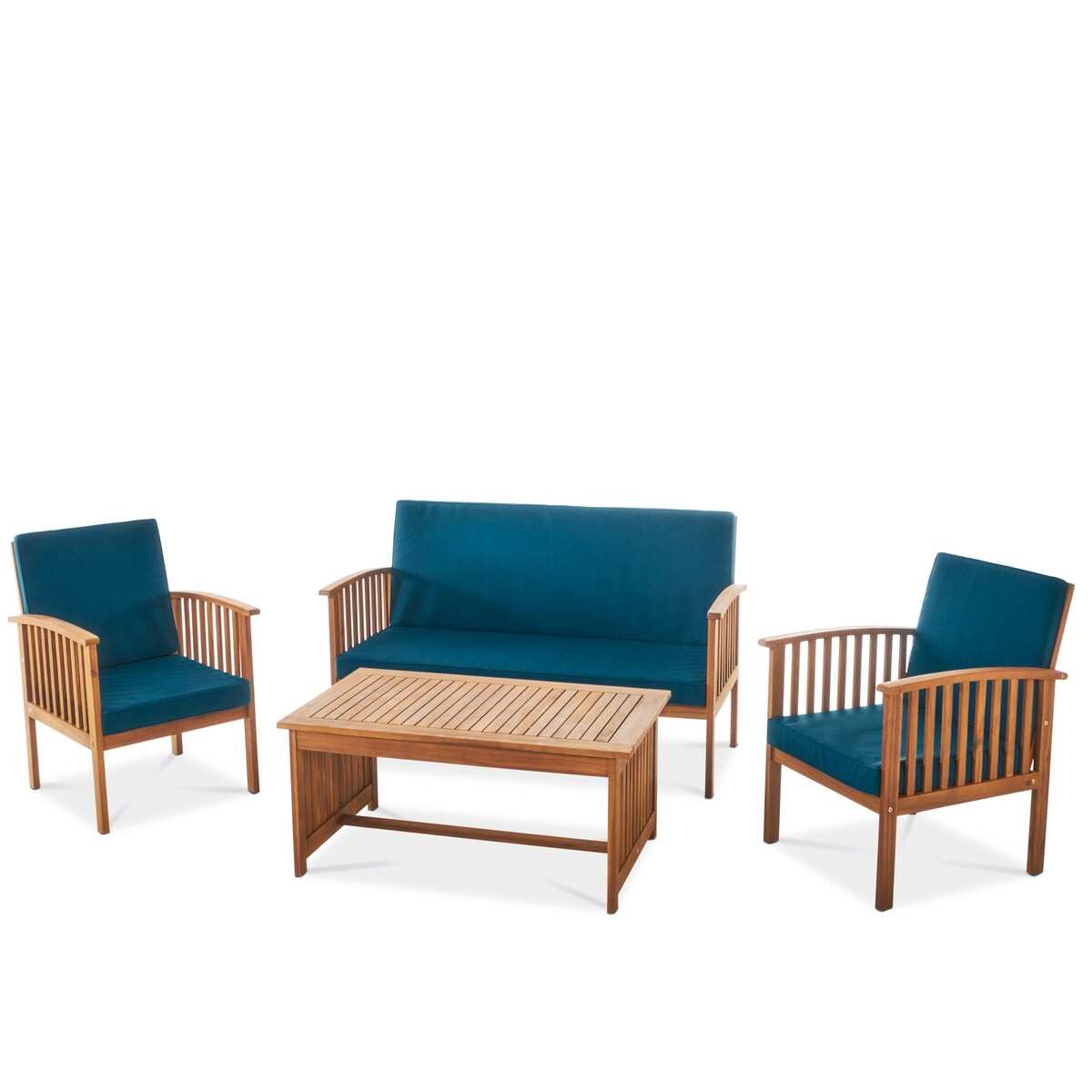 Ensemble de canapés d'extérieur en bois d'acacia avec coussins imperméables, 4 pièces, patine marron/bleu sarcelle
