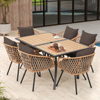 Ensemble de salle à manger d'extérieur en rotin synthétique résistant aux intempéries, plateau en WPC durable, table et chaises d'extérieur avec coussin amovible